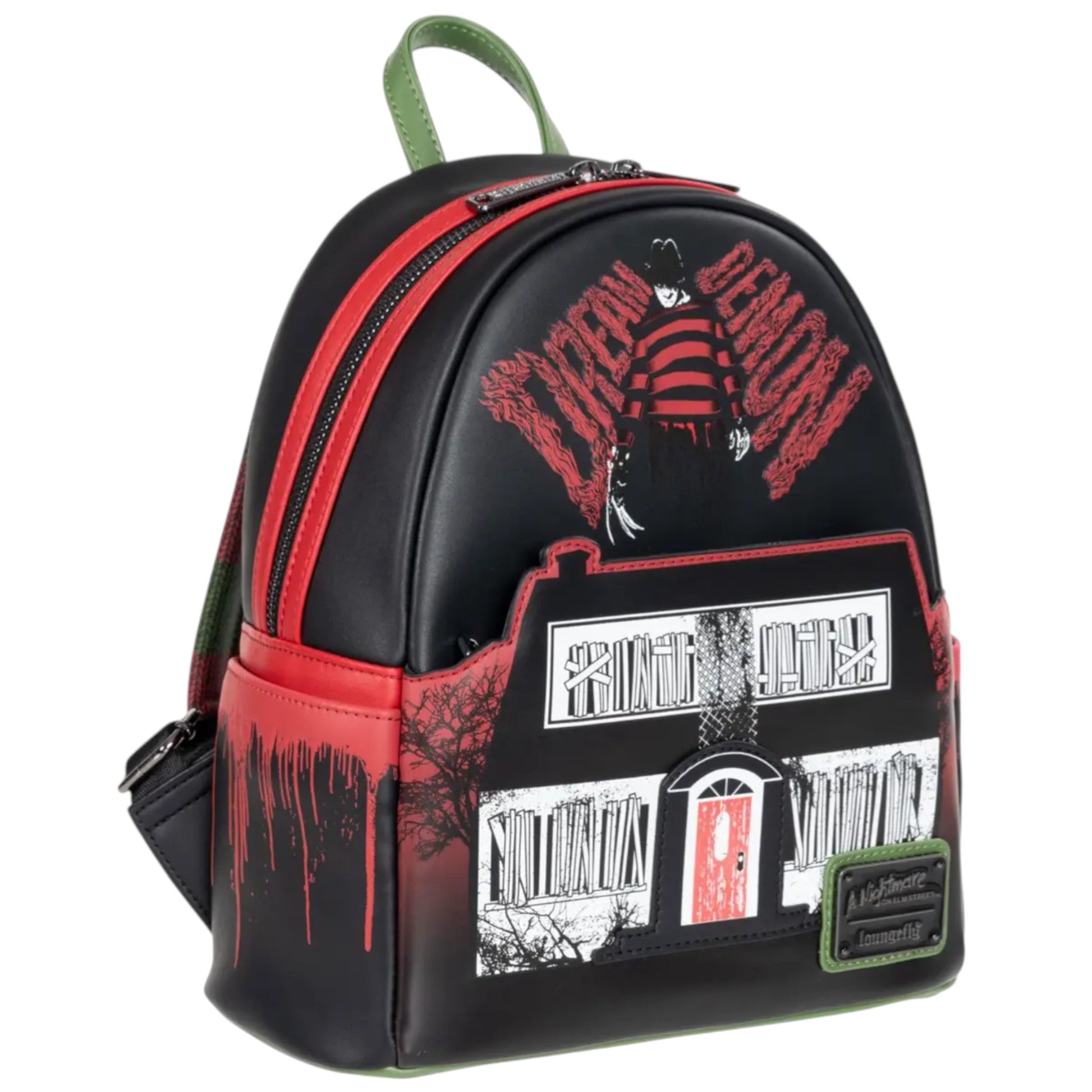 Black A Nightmare on Elm Street Freddy Mini Backpack with red and white graphics on a white background
