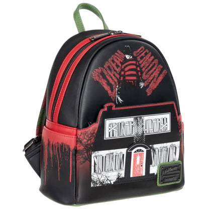 Black A Nightmare on Elm Street Freddy Mini Backpack with red and white graphics on a white background
