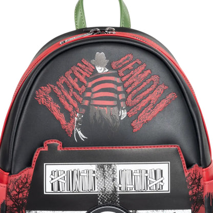 Black A Nightmare on Elm Street Freddy Mini Backpack with red and white graphic design on a white background