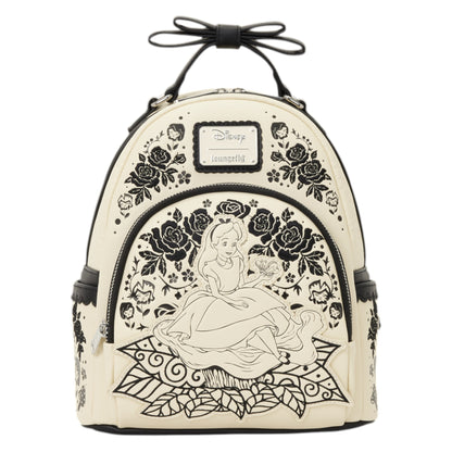 Loungefly Alice in Wonderland Floral Mini Backpack with Alice in Wonderland character design sitting on flowers on a white background