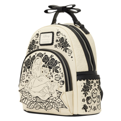 Loungefly Alice in Wonderland Floral Mini Backpack with Alice in Wonderland character design sitting on flowers on a white background