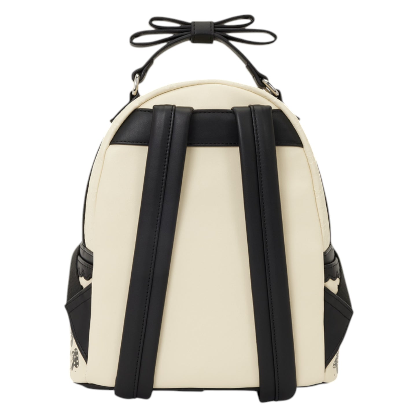 Back of Loungefly Alice in Wonderland Floral Mini Backpack with black straps on a white background