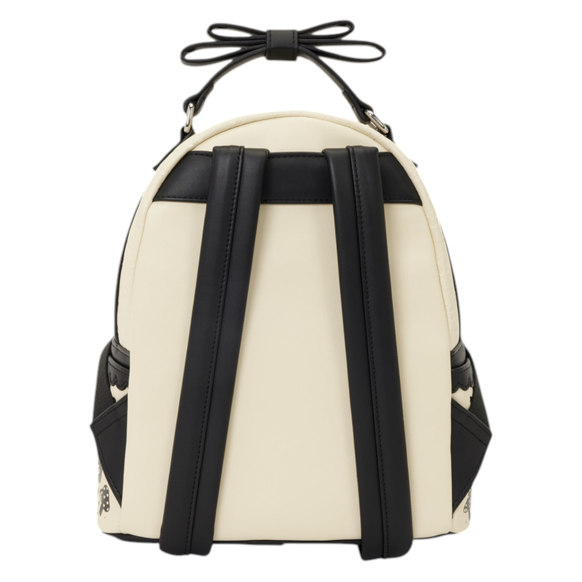 Back of Loungefly Alice in Wonderland Floral Mini Backpack with black straps on a white background
