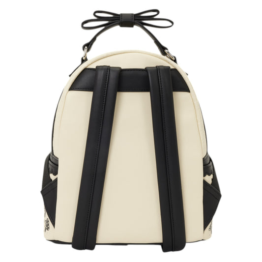 Back of Loungefly Alice in Wonderland Floral Mini Backpack with black straps on a white background