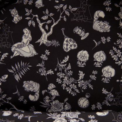 Inside of Loungefly Alice in Wonderland Floral Mini Backpack with Alice in Wonderland character and floral patterns on a black background