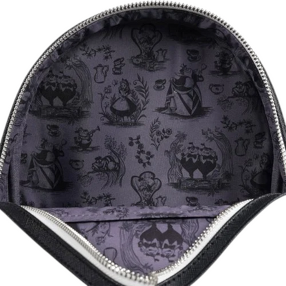 Inside of Loungefly Alice in Wonderland Sketch Mini Backpack with floral and character patterns on a white background