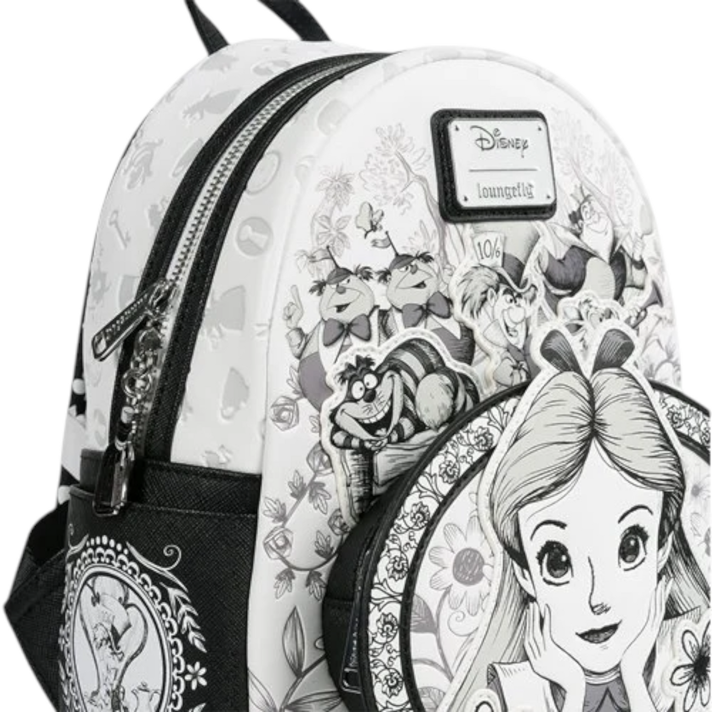 Loungefly Alice in Wonderland Sketch Mini Backpack with black and white Alice sketch character with her hands on her cheeks surrounded by floral and character patterns on a white background