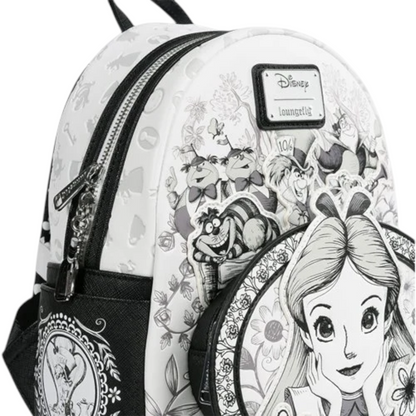 Loungefly Alice in Wonderland Sketch Mini Backpack with black and white Alice sketch character with her hands on her cheeks surrounded by floral and character patterns on a white background