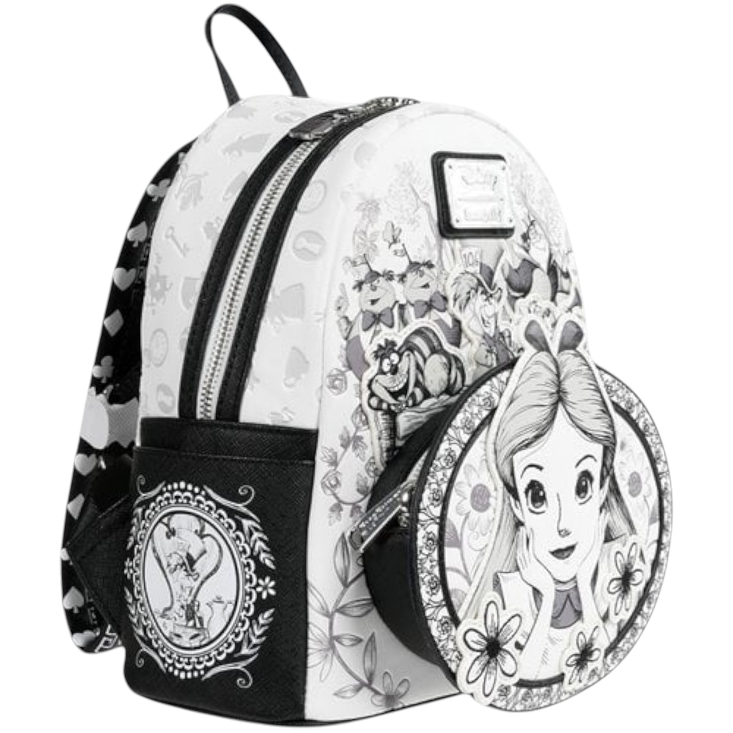Loungefly Alice in Wonderland Sketch Mini Backpack with black and white Alice sketch character with her hands on her cheeks surrounded by floral and character patterns on a white background