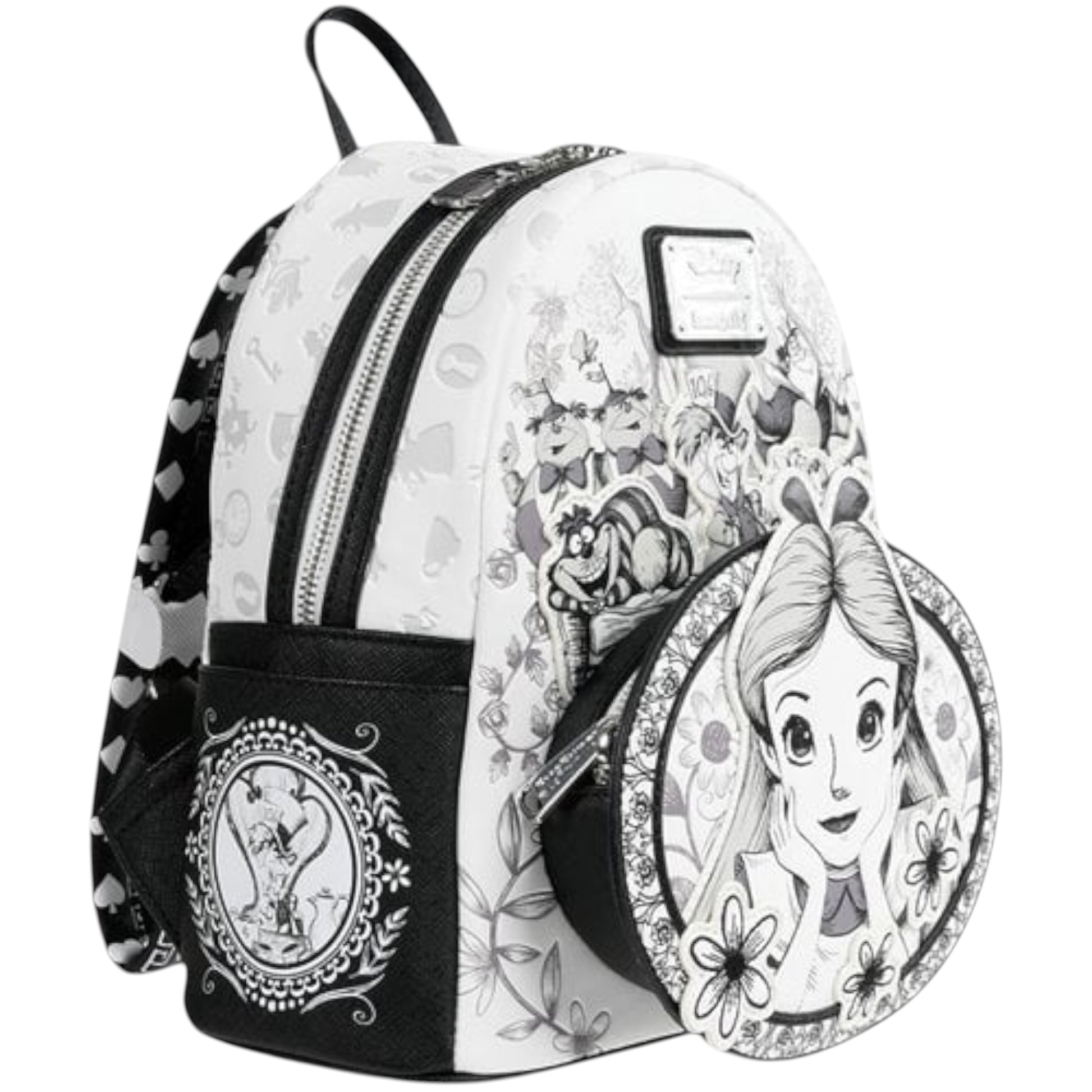 Loungefly Alice in Wonderland Sketch Mini Backpack with black and white Alice sketch character with her hands on her cheeks surrounded by floral and character patterns on a white background