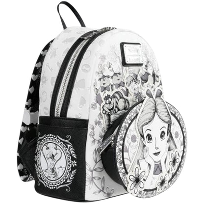 Loungefly Alice in Wonderland Sketch Mini Backpack with black and white Alice sketch character with her hands on her cheeks surrounded by floral and character patterns on a white background