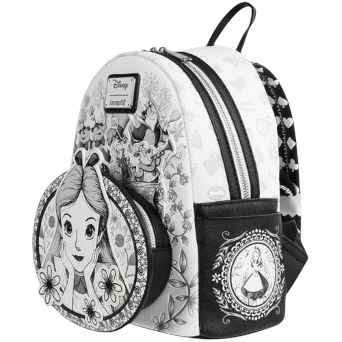 Loungefly Alice in Wonderland Sketch Mini Backpack with black and white Alice sketch character with her hands on her cheeks surrounded by floral and character patterns on a white background