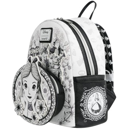 Loungefly Alice in Wonderland Sketch Mini Backpack with black and white Alice sketch character with her hands on her cheeks surrounded by floral and character patterns on a white background