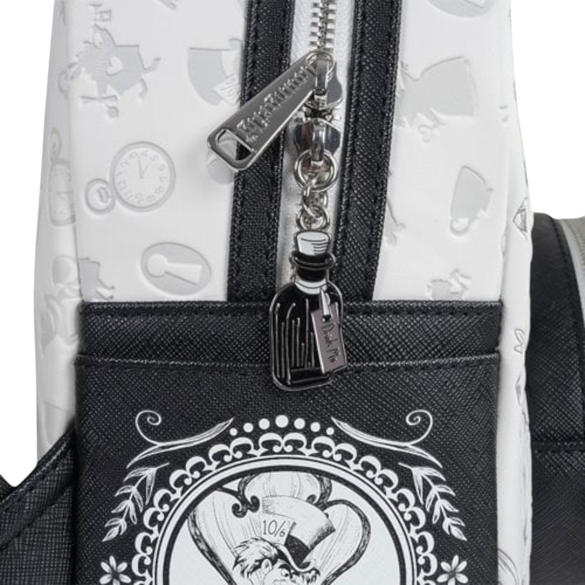 Loungefly Alice in Wonderland Sketch Mini Backpack with black and white Alice sketch character with her hands on her cheeks surrounded by floral and character patterns on bottle zipper charm white background