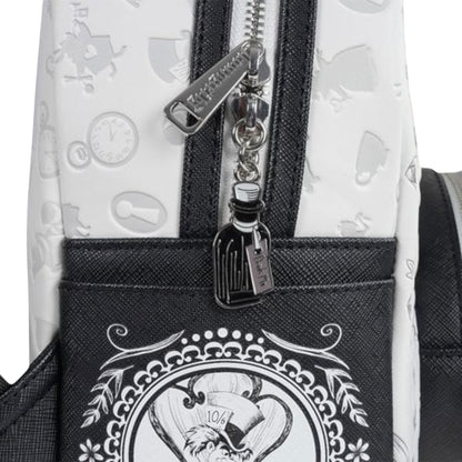 Loungefly Alice in Wonderland Sketch Mini Backpack with black and white Alice sketch character with her hands on her cheeks surrounded by floral and character patterns on bottle zipper charm white background