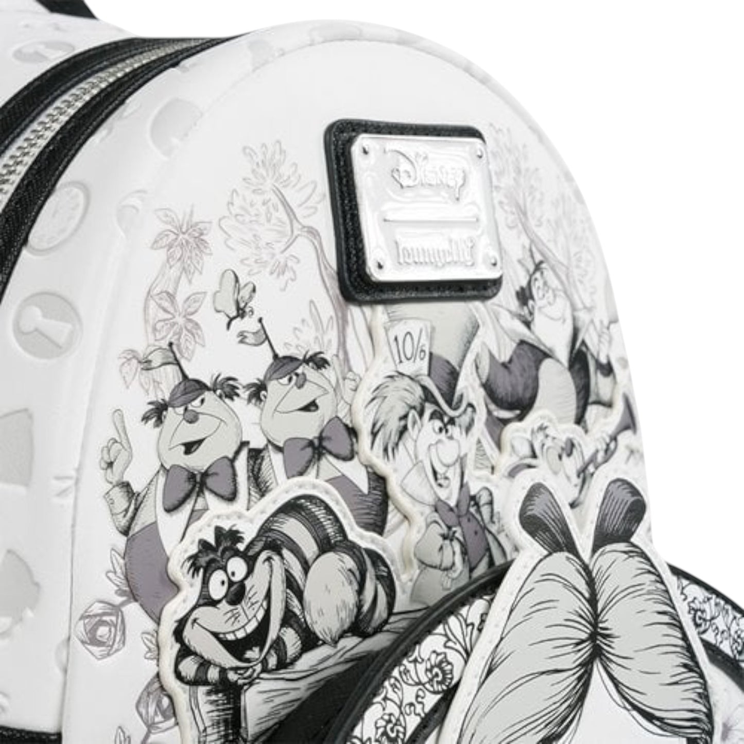Loungefly Alice in Wonderland Sketch Mini Backpack with black and white character patterns on a white background