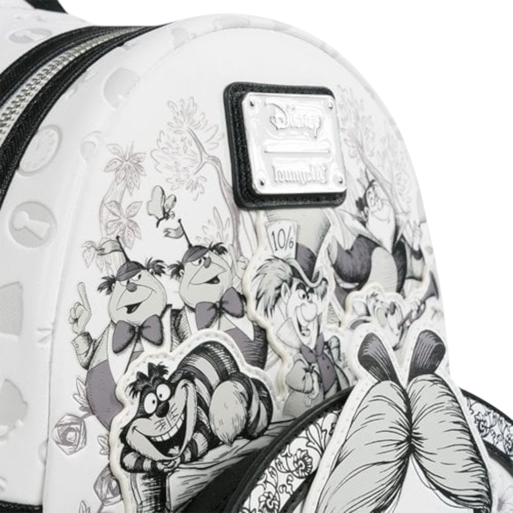 Loungefly Alice in Wonderland Sketch Mini Backpack with black and white character patterns on a white background