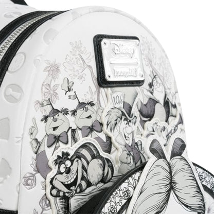 Loungefly Alice in Wonderland Sketch Mini Backpack with black and white character patterns on a white background