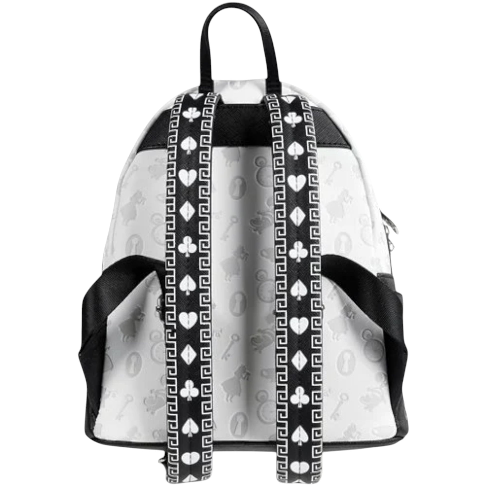 Back of Loungefly Alice in Wonderland Sketch Mini Backpack with black and white straps with symbol patterns on a white background