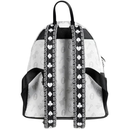 Back of Loungefly Alice in Wonderland Sketch Mini Backpack with black and white straps with symbol patterns on a white background