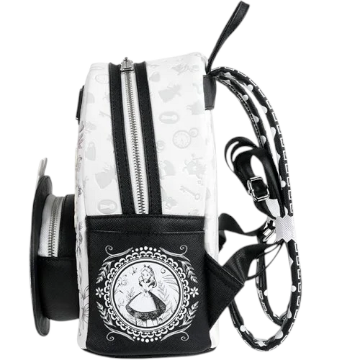 Side of Loungefly Alice in Wonderland Sketch Mini Backpack with black and white Alice sketch character surrounded by floral patterns on a white background