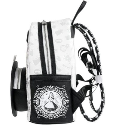 Side of Loungefly Alice in Wonderland Sketch Mini Backpack with black and white Alice sketch character surrounded by floral patterns on a white background