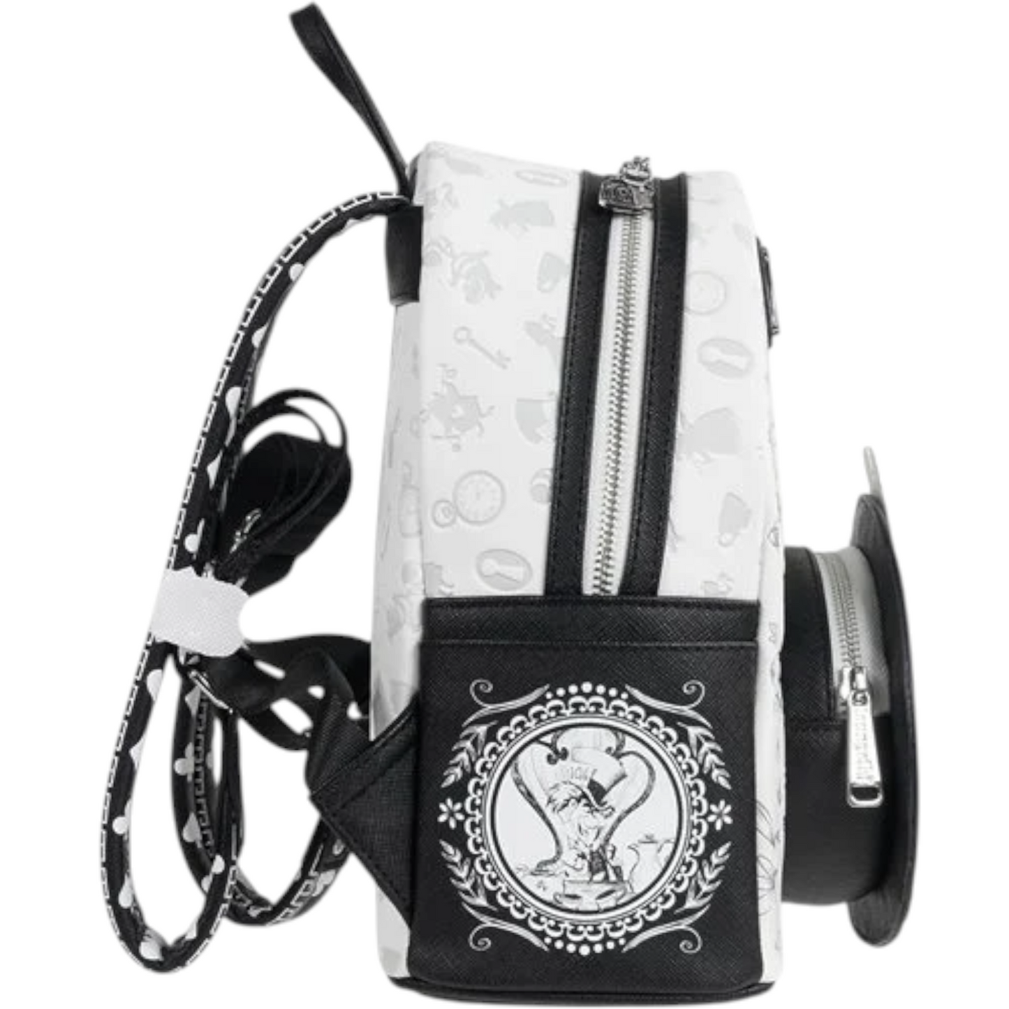 Side of Loungefly Alice in Wonderland Sketch Mini Backpack with black and white character with floral and character patterns on a white background