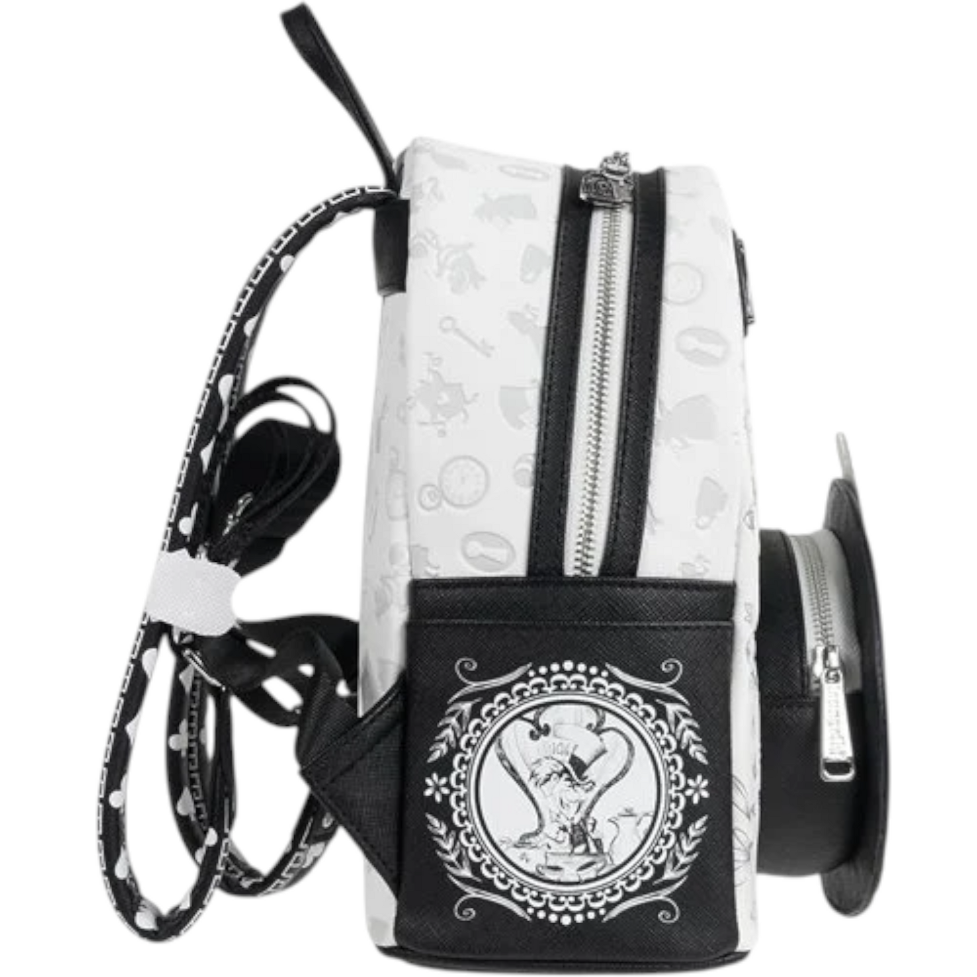 Side of Loungefly Alice in Wonderland Sketch Mini Backpack with black and white character with floral and character patterns on a white background