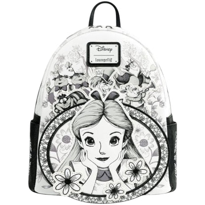 Loungefly Alice in Wonderland Sketch Mini Backpack with black and white Alice sketch character with her hands on her cheeks surrounded by floral and character patterns on a white background