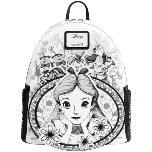 Loungefly Alice in Wonderland Sketch Mini Backpack with black and white Alice sketch character with her hands on her cheeks surrounded by floral and character patterns on a white background