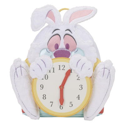 Alice in Wonderland White Rabbit Cosplay Mini Backpack with white rabbit face and ears holding a clock on a white background