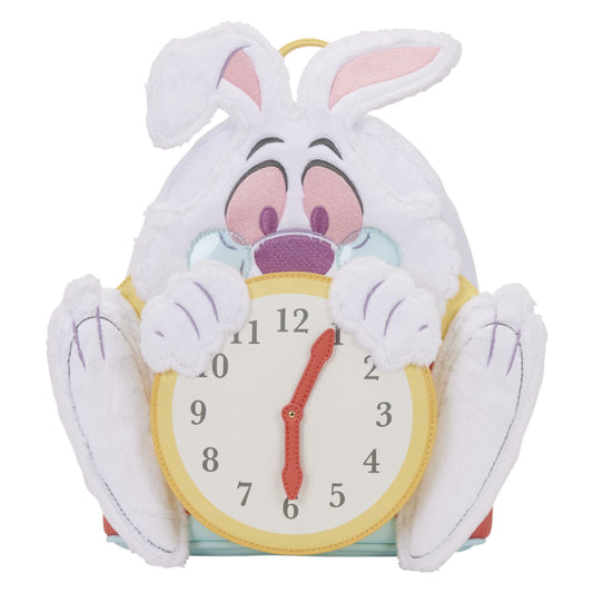 Alice in Wonderland White Rabbit Cosplay Mini Backpack with white rabbit face and ears holding a clock on a white background