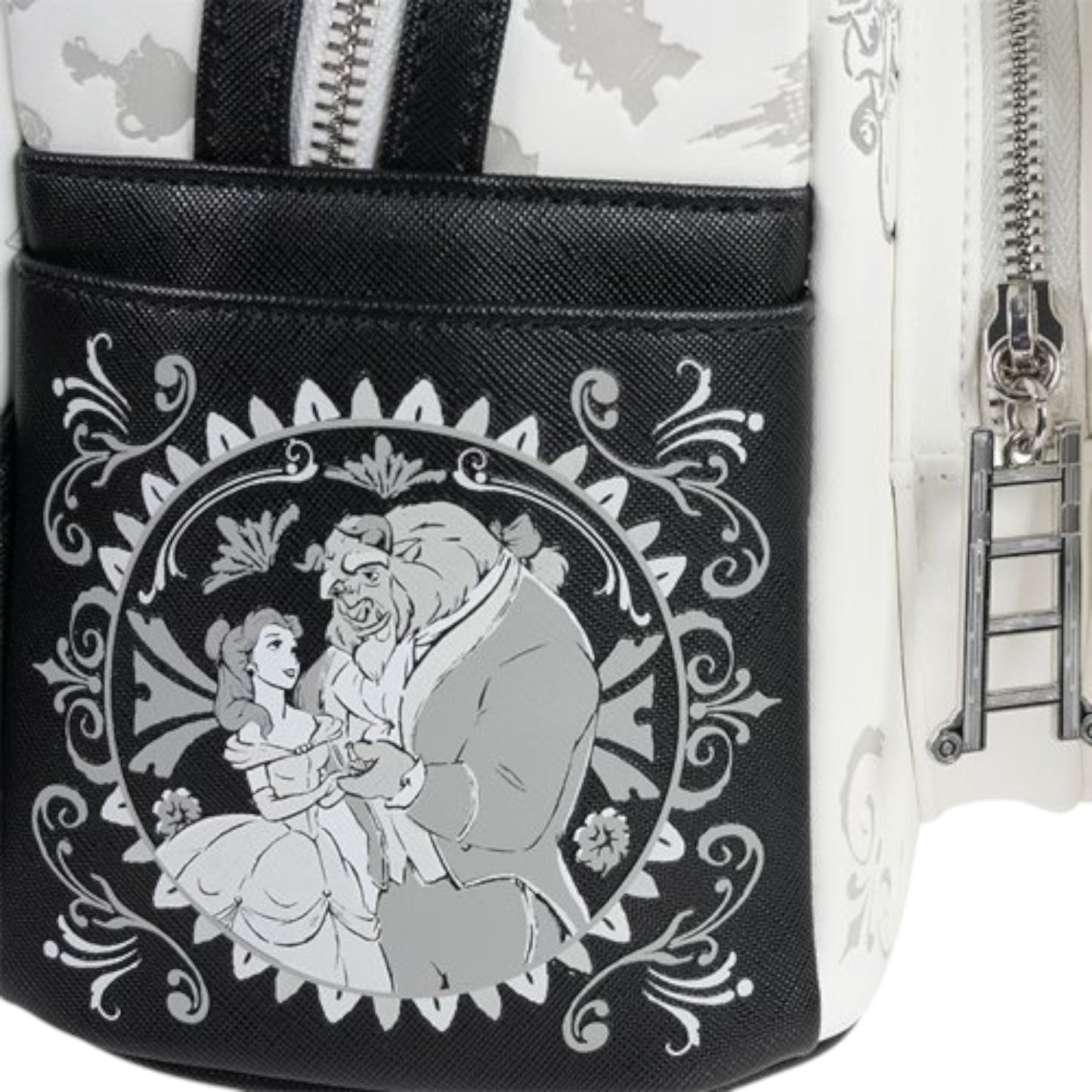 Beauty and the Beast Belle Sketch Mini Backpack with Disney character design featuring Belle from 'Beauty and the Beast' on a white background with Beauty and the Beast design on the side of the bag