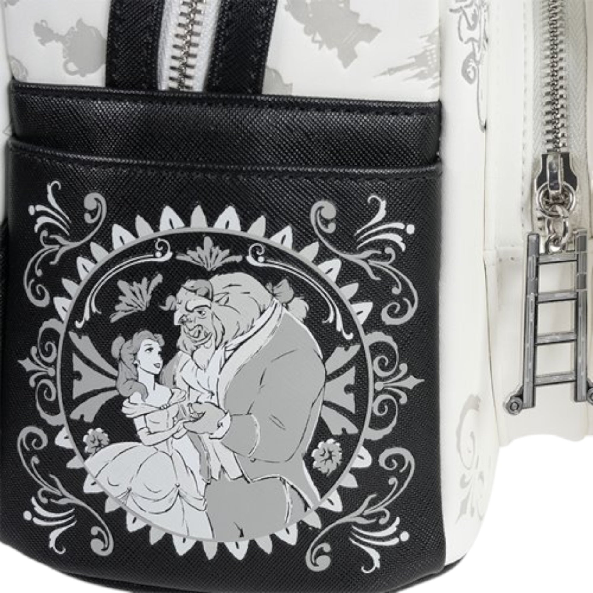Beauty and the Beast Belle Sketch Mini Backpack with Disney character design featuring Belle from 'Beauty and the Beast' on a white background with Beauty and the Beast design on the side of the bag