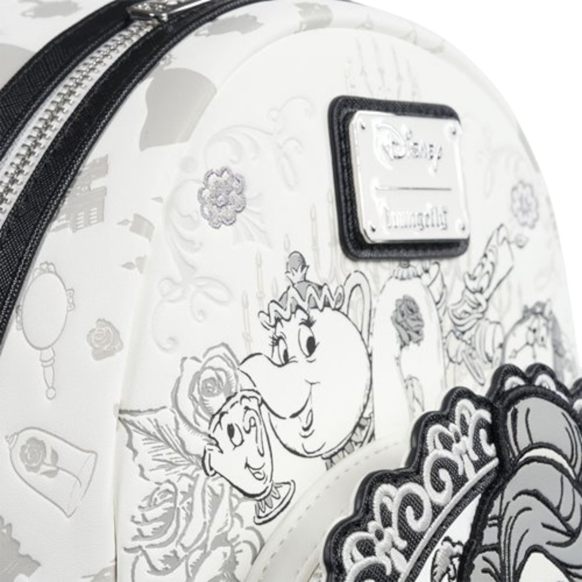 Beauty and the Beast Belle Sketch Mini Backpack with Disney character design featuring Belle from 'Beauty and the Beast' on a white background featuring a character and floral patterns, with a visible brand logo.