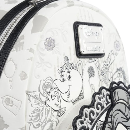 Beauty and the Beast Belle Sketch Mini Backpack with Disney character design featuring Belle from 'Beauty and the Beast' on a white background featuring a character and floral patterns, with a visible brand logo.