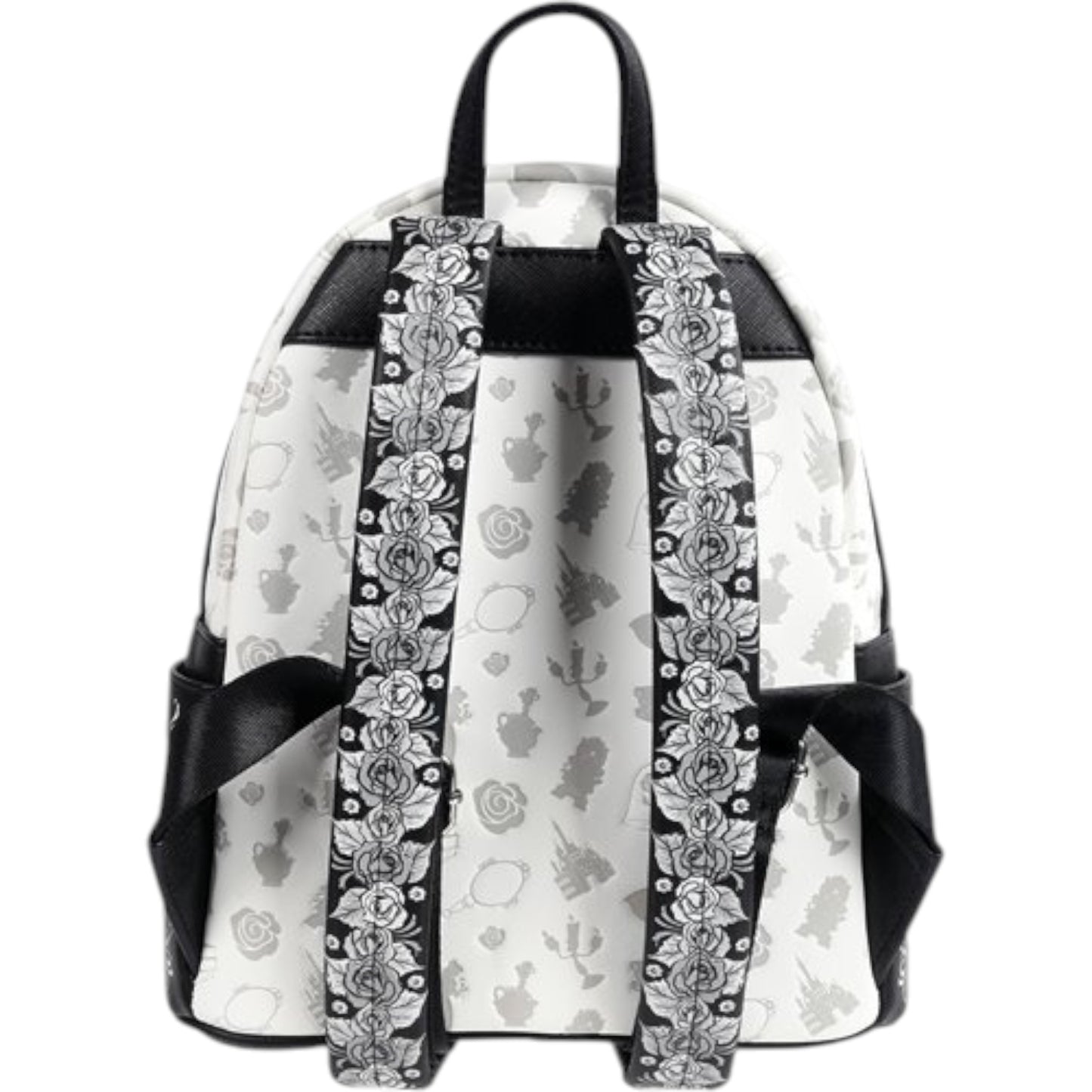 Beauty and the Beast Belle Sketch Mini Backpack with black and white floral patterns on straps and back panel on a white background