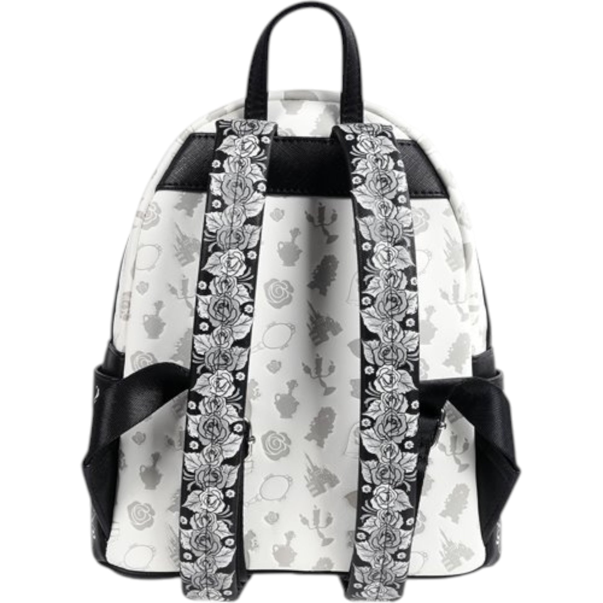 Beauty and the Beast Belle Sketch Mini Backpack with black and white floral patterns on straps and back panel on a white background