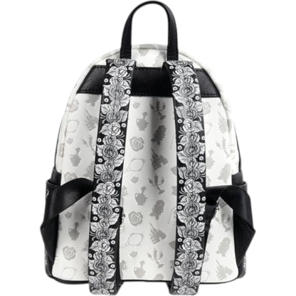 Beauty and the Beast Belle Sketch Mini Backpack with black and white floral patterns on straps and back panel on a white background