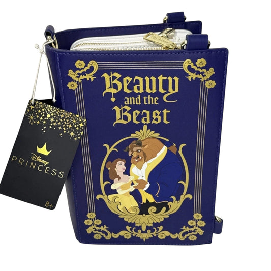 Blue Beauty and the Beast Book Convertible backpack with 'Beauty and the Beast' design, featuring Belle and the Beast, on a white background.