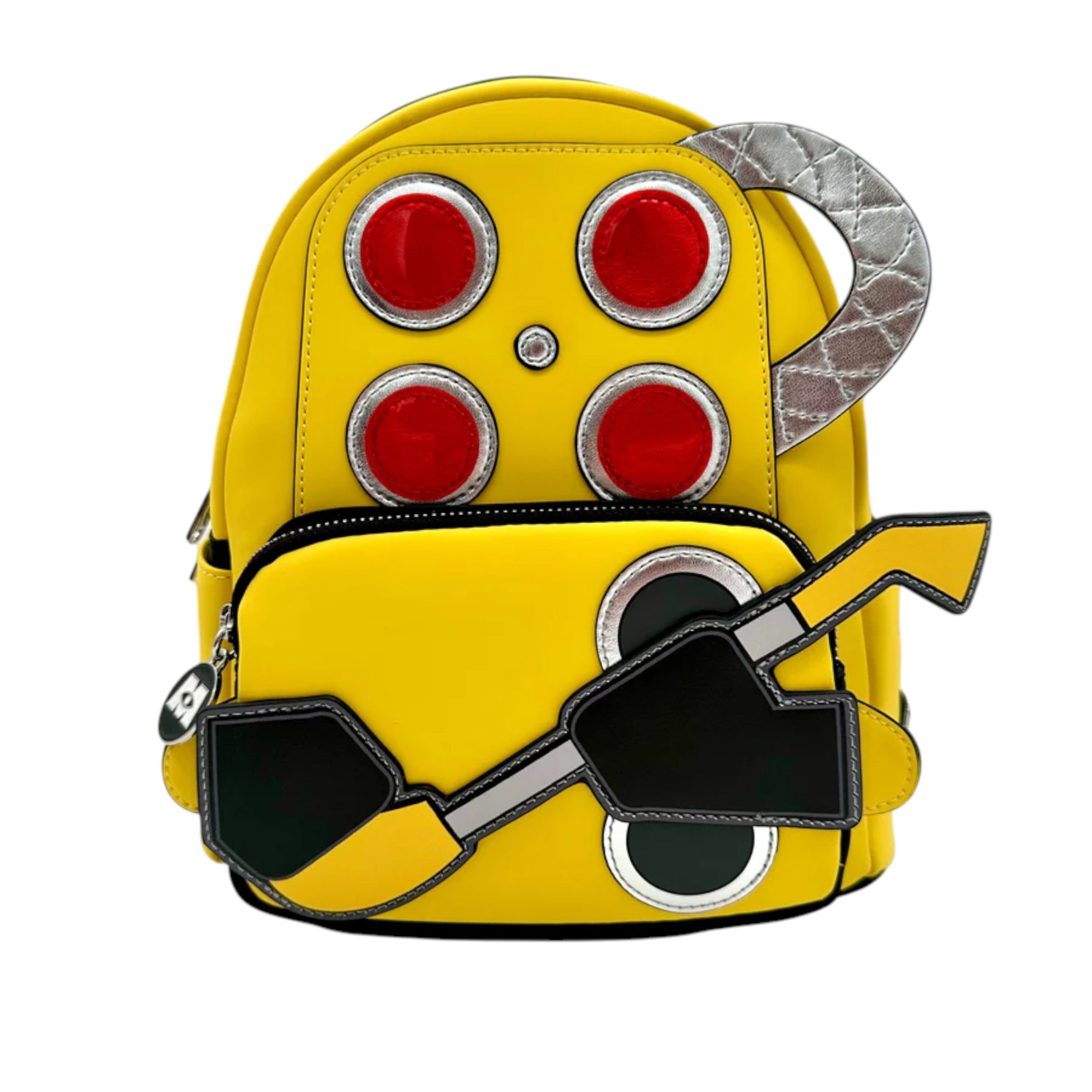 Yellow Monsters Inc CDA backpack with red circular designs and a handle on a white background