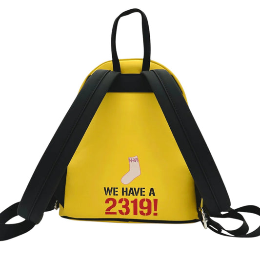 Yellow backpack with black straps and "We have a 2319!" text on a white background