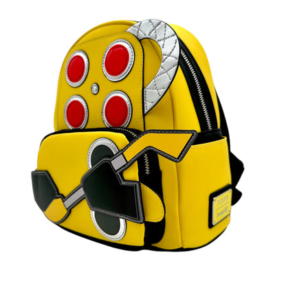 Yellow Monsters Inc CDA backpack with red and black design elements on a white background