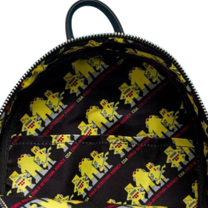 Backpack with yellow Monsters Inc CDA pattern on a black background