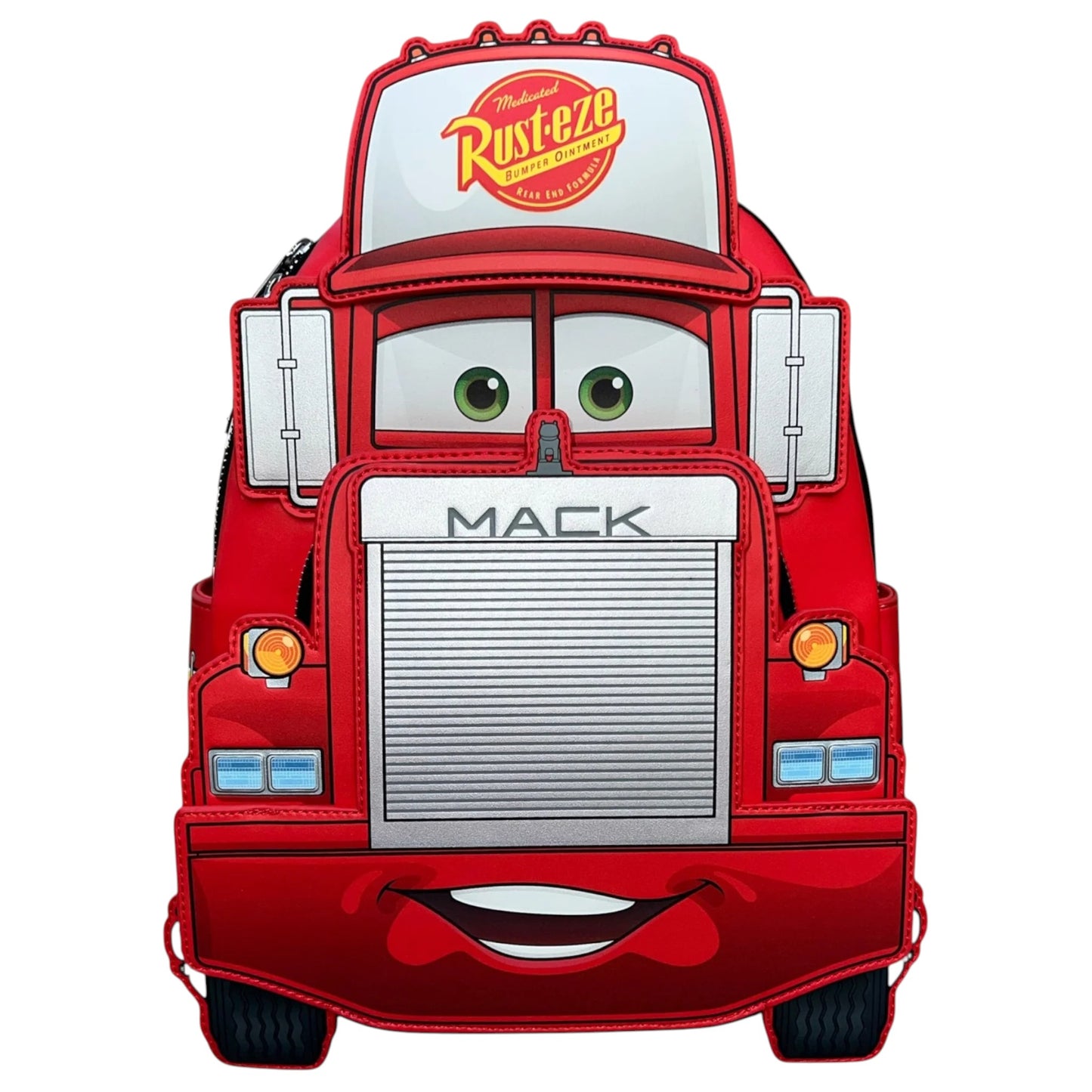 Red truck-shaped backpack with Mack face on a white background