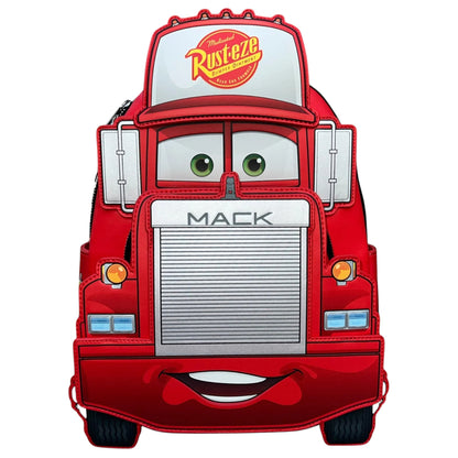 Red truck-shaped backpack with Mack face on a white background