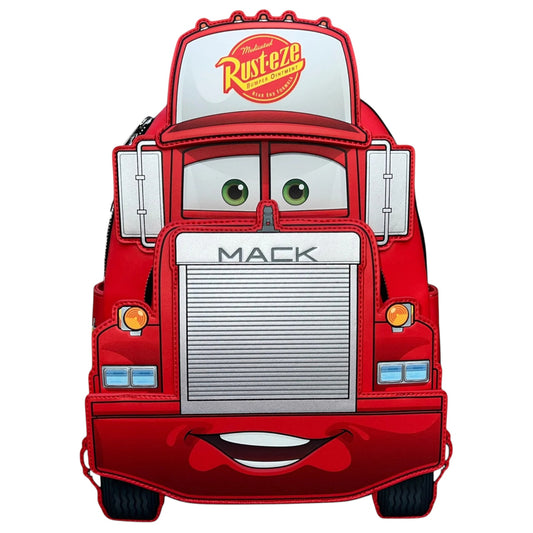 Red truck-shaped backpack with Mack face on a white background
