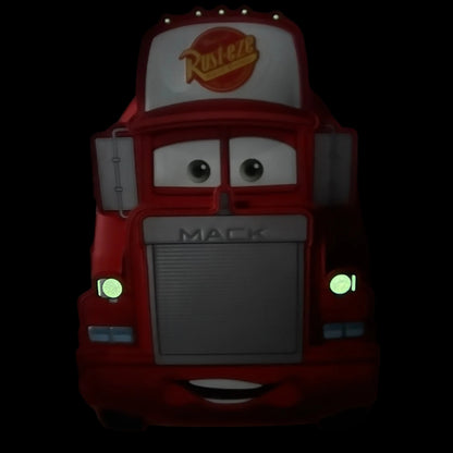 Glowing Red Mack truck with Mack face and Rust-eze logo on a black background