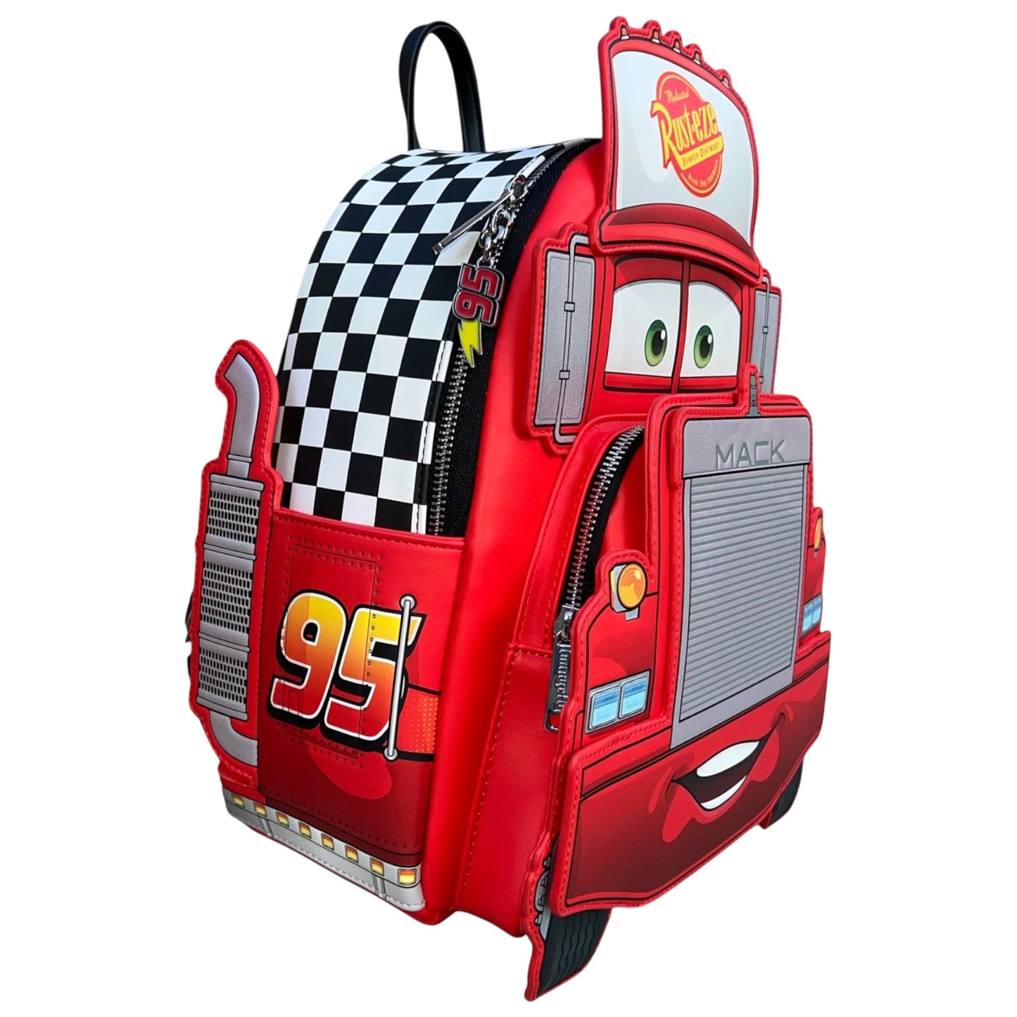 Red Mack-shaped backpack with checkered pattern and visible brand Loungefly logo on a white background