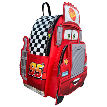Red Mack-shaped backpack with checkered pattern and visible brand Loungefly logo on a white background